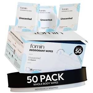lot 6711 image: FOMIN Travel Deodorant Wipes - 50 Count - Unscented - pH Balanced, Hypoallergenic Mini Deodorant For Women and Men - Plastic-Free, Individually Wrapped Underarm & Body Wipes