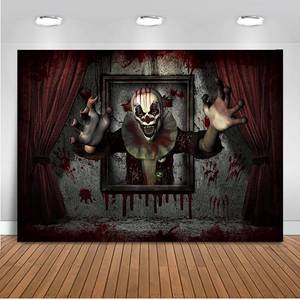 lot 6725 image: Mocsicka Horror Clown Halloween Backdrop for Photography Circus Theme Evil Clown Haunted House Giant Evil Clown Background Creepy Scary Carnival Trunk or Treat Party Decorations (6x4ft)