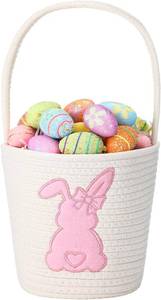 lot 6728 image: FoldTier Cute Easter Basket with Handle Empty Bunny Basket Large Woven Cotton Rope Gifts Buckets for Egg Hunts Babys First Easter Baskets Gifts(Pink)