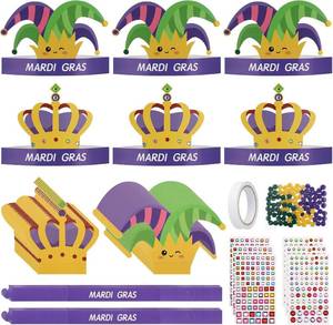lot 6736 image: Soulchen 48 Sets Mardi Gras Crowns Jester Hat Craft Kit with Pompoms Diamond Stickers Mardi Gras DIY Paper Hat Crown Headpiece for Carnival Craft Favors Supplies Decoration