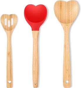 lot 6737 image: 3 Pcs Valentines Day Heart Shaped Spoons Heart Wooden Spoons Silicone Spatulas with Wooden Handles for Kitchen Mom Wife Hostess Mothers Day Housewarming Gifts