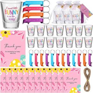 lot 6752 image: 50 Set Easter Baby Shower Party Favors for Guests A Sweet Little Bunny Is on The Way Acrylic Shot Glasses Keychains Bottle Openers Thank You Cards Organza Gift Bags for Baby Shower Guests Souvenir
