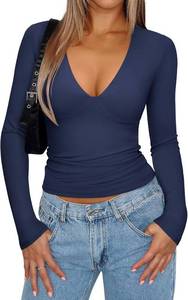 lot 6792 image: REORIA Womens Sexy Plunge Deep V Neck Long Sleeve Basic T Shirts Trendy Slim Fit Lightweight Y2K Going Out Crop Tops size small