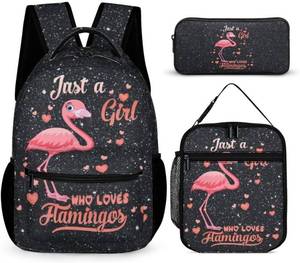 lot 6793 image: Flamingo Backpack with Lunch Box & Pencil Case for Kids Girls Boys School, 16 Inch Cute Flamingos Bookbag, School Backpack for Students Children, Lightweight, Large Capacity