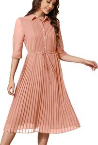 lot 6812 image: Women V Neck 34 Sleeve Pleated A-Line Dress with Belt Swing Midi Dresses for Spring Summer Autumn size XL