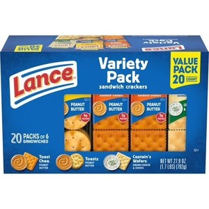 lot 6813 image: Lance Sandwich Crackers, Variety Pack, 3 Flavors, 20 Individually Wrapped Packs, 6 Sandwiches Each