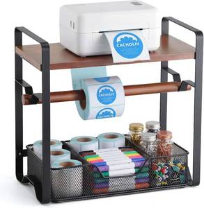 lot 7126 image: Label Holder for Thermal Printer - Sticker Roll Dispenser - Shipping Lable Holder for Rolls and FanFold Labels - Thermal Printer Stand for Home, Office, Small Business (Walnut-Black)