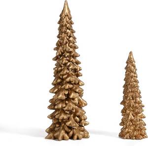 lot 7202 image: RM ROOMERS Christmas Tree Figurines, 2Pcs Christmas Trees Resin Distressed Gold Table Top, Small Xmas Tree Figurine Set, Decorative Xmas Trees for Rustic Mantle Centerpieces