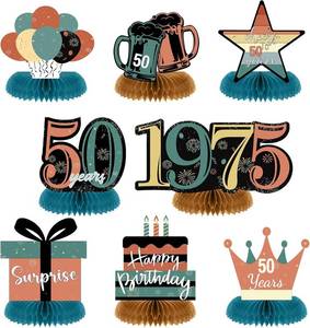 lot 7555 image: Spakon 8 Pieces Vintage 50th Birthday Table Decorations 50th Birthday Honeycomb Centerpieces Glitter Table Toppers Vintage Party Decorations for Men and Women Party Supplies