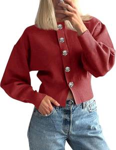 lot 7582 image: Saodimallsu Womens Button Up Cardigan Sweaters Fall Trendy Long Lantern Sleeve Knit Crew Neck Sweater Jacket, Size XL, COLOR NAVY