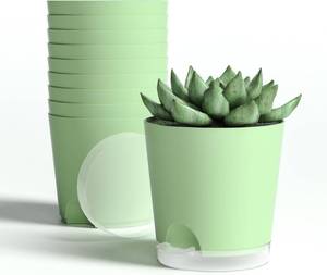 lot 7602 image: 4 Inch 10 Pack Small Self Watering Pots for Indoor Plants, Nursery Pot with Drainage Holes and Saucers, Plastic Small Flower Planter for Succulent, Aloe, Cacti and More - COLOR BLACK
