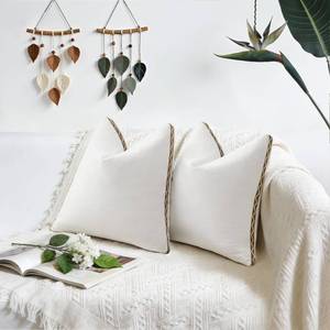 lot 7607 image: Boho Throw Pillow Covers  Decorative Pillow, Cotton & Polyester Fabric  Braid Fringe Sytle for Living Room (White & Brown, 20x20 Inch)