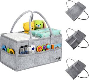 lot 7625 image: Feagar Baby Diaper Caddy Organizer, 15 Inch Large with 8 Pockets & 2 Dividers, Portable Nursery Storage Basket & Car Organizer for Changing Table, Travel (Grey)