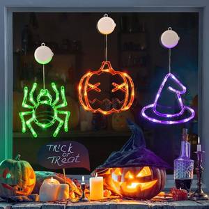 lot 6125 image: LOLStar Halloween Window Decorations Orange Pumpkin Green Spider Purple Witch Hat Battery Operated Window Lights with Suction Cup Slow Fade Timer Function Halloween Indoor Lights for Windows