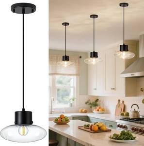 lot 6133 image: Glass Pendant Lights Kitchen Island, 1-Light Black Modern Pendant Light with Clear Glass, Mini Hanging Ceiling Lighting for Kitchen Sink Bathroom Bedroom, Adjustable Cord, OS-JJ1513-1PBK