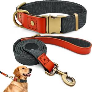 lot 6202 image: Dog Collar and Leash Set with Metal Quick Release Buckle, Adjustable, Breathable Nylon, Durable, Soft and Comfortable, No Pull for Walking and Training, Blue-Black, XL (16.9-26)