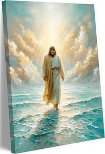 lot 6215 image: Jesus Walks On Water Canvas Wall Art Christian Bible Stories Wall Decor Picture Divine Light Modern Religious Poster Prints for Living Room Bedroom Church Home Decoration 12x16in Ready To Hang