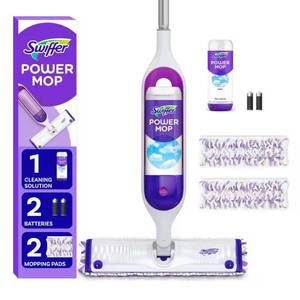 lot 6074 image: Swiffer Power Mop Tile, Laminate and Wood Floor Starter Kit (1-Power Mop, 2-Pads, Cleaning Solution and Batteries)