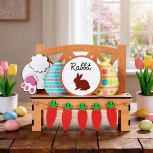 lot 6098 image: Yinkin 10 Piece Easter Table Signs Decor Wooden Rustic Easter Table Bench Centerpiece Farmhouse Bunny Eggs Carrots Chair DIY Decorations for Spring Holiday Home Decor