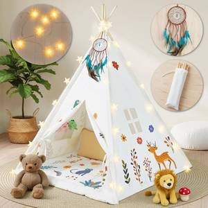 lot 4459 image: Teepee Tent for Kids with Lights, Kids Play Tent Indoor with Thicked Mat & Dream Catcher, Toddler Tent with Storage Pockets and Mesh Window for Reading Nook and Imaginative Games