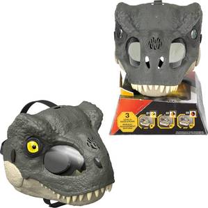 lot 6026 image: Mattel Jurassic World Rebirth T-Rex Rage N Roar Mask with LED Light Up Eyes, Blink Action with 3 Level Aggression Effect, Dinosaur Costume Headgear Toy