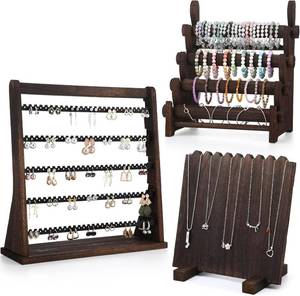 lot 6225 image: RattanView 3 Pcs Wood Jewelry Display Stand Organizer Set, Include 4 Tier Bracelet Display Stand, 5 Layer Earring Organizer Storage, Wood Necklace Rack for Selling Home, Vendor, Craft Shows and Store