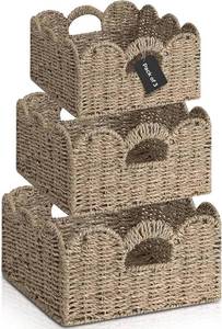lot 6235 image: Elegant Scalloped Wicker Basket Set with Handles  Handwoven Seagrass Baskets for Nursery, Bathroom, and Living Room Decor Scalloped Edge Basket Shelf Decorative (Sea Grass)
