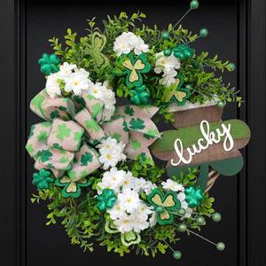 lot 6236 image: 20 St. Patrick s Day Decorations for Front Door Artificial Green Wreath Lucky Shamrock Board Clover Bow Leaves and Flowers Spring Summer Home Party OutdoorIndoor Farmhouse Porch Decor