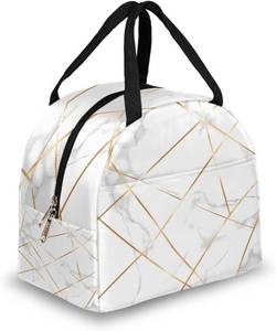 lot 6328 image: AUUXVA Lunch Bag Geometric Gold Lines Marble Print, Lunch Box Insulated Tote Bags with Handle, Reusable Cooler Ice Pack Handbag for Women Men