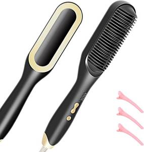lot 6371 image: Hair Straightener Brush-Ionic Hair Brush Straightener for Women with 5 Temp Settings,Fast Heating & Dual Voltage Hair Straightening Comb,Anti-Scald & Auto-Shut Off (Black)