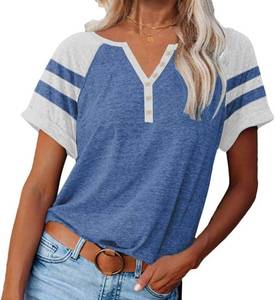lot 6384 image: Women Henley Raglan Short Sleeve Tops Color Block Summer Tee Shirts Button Down Y2K Casual T-Shirts, COLOR IS BLACK AND WHITE, SIZE S