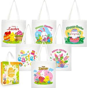 lot 6848 image: PARSUP 6PCS Easter Bunny Basket Bags for Kids Canvas Tote Bags With 1PC Cute Easter Non-woven Bag for Egg Hunt Carrying Gift Container with Handle, Bunny Chick Egg Cute Pattern Canvas Bucket Tote