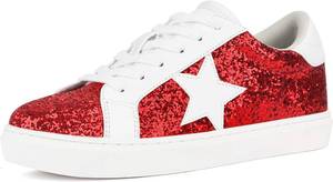 lot 6854 image: PARTY Womens Fashion Sneaker Lace Up Low Top Comfortable Cushioned Walking Shoes,Podcast,RED Glitter,9