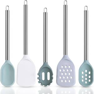 lot 6855 image: 5-Piece Silicone Kitchen Utensils Set Non Toxic, Heat-Resistant & Non-Stick with Stainless Steel Handles, BPA-Free Silicone Cooking Utensils, Slotted Turner, Solid Spoon, Pasta Server, Dishwasher Safe