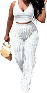 lot 7019 image: PRIVIMIX Women 2 Piece Outfits Sexy See Through Backless Top Ruffle Wide Leg Palazzo Pants Sheer Mesh Trousers Set Size Medium