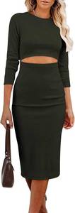 lot 7020 image: PRETTYGARDEN Womens Long Sleeve Midi Bodycon Dresses Crewneck Cut Out Solid Color Fitted Pencil Dress Size XL