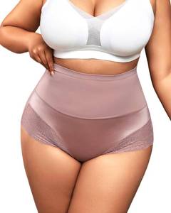 lot 7231 image: High Waisted Shapewear Panties for Women Plus Size Seamless Lace Briefs Tummy Control Underwear No Show Under Dresses Daily Wear Purple Red Brown 1XL