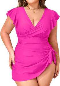 lot 7245 image: Plus Size Swim Suits for Women One Piece Bathing Suit Modest Swim Dress Tummy Control V Neck Ruffle Swimwear, Size 18W