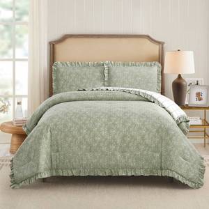 lot 1303 image: Modern Heirloom 3pc FullQueen Floral Ruffle Comforter Bedding Set Assorted Green - Retail $60