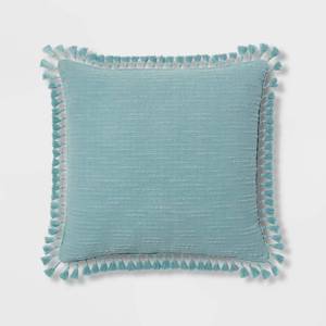 lot 1317 image: Euro Textured Slub Tassel Decorative Throw Pillow Light Teal Blue - Threshold Cotton Dobby, Indoor Square Accent Pillow - Retail $35