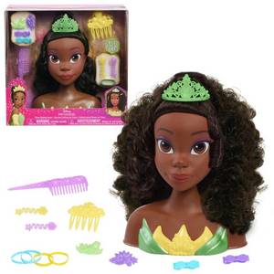 lot 1351 image: Disney Princess Tiana Styling Head 14-pieces Black Hair Brown Eyes Pretend Play - Retail $47