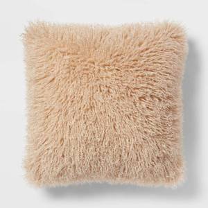 lot 1387 image: Euro Faux Mongolian Fur Decorative Throw Pillow Khaki - Threshold Indoor Square Cushion, Knife Edge, OEKO-TEX Certified - Retail $40