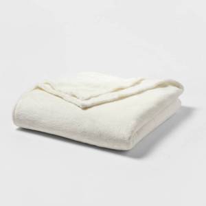 lot 1398 image: FullQueen Microplush Bed Blanket Sour Cream - Threshold Midweight, Solid White, Modern Style, Double-Turned Hems - Retail $65