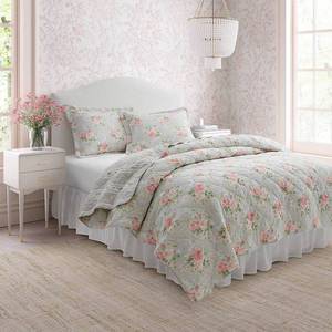 lot 1419 image: 3pc FullQueen Melany Rose Print Cotton Quilt Set Pink - Laura Ashley - Retail $240