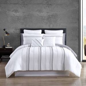 lot 1640 image: King Delphi Embroidered Stripe Comforter & Sheets Bedding Set - WhiteGray Polyester Microfiber, OEKO-TEX Certified - Retail $120