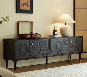 lot 1632 image: JVNOXK 66.9 Medieval-style TV stand with ornate carved doors, featuring 4 storage cabinets. Vintage media cabinet suitable for TVs up to 80, Black - Retail $558