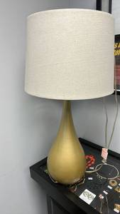 lot 50521 image: Modern Brass Teardrop Table Lamp with Fabric Shade