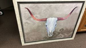 lot 50582 image: Framed Bull Skull Painting with Longhorns