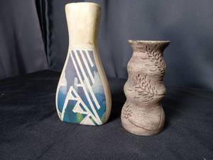 lot 4671 image: Handmade Ceramic Vase Set with Geometric and Fern Designs