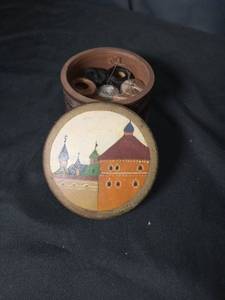 lot 4675 image: Russian Hand-Painted Wooden Sewing Box with Thread Collection